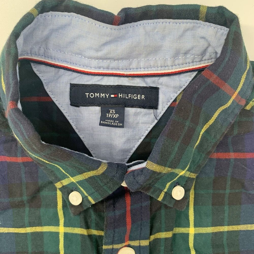Tommy Hilfiger Navy Blue Plaid Long Sleeve Button Up Men's Shirt Size XS - Picture 4 of 9